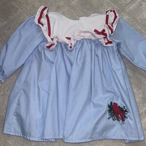 Busy bees smocks blue dress with red cardinal